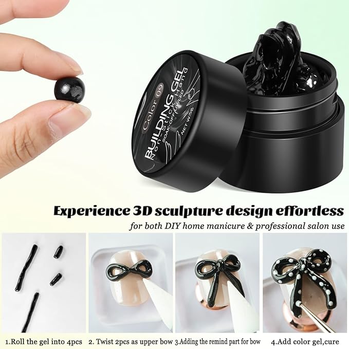 Solid Builder Gel Kit, 2PCS Black 3D Sculpting Gel Non-Sticky Hand Carving Gels with Silicone Pen Hard Gels for Nails Molding 3D Flowers Nail Design Manicure Salon Supplies