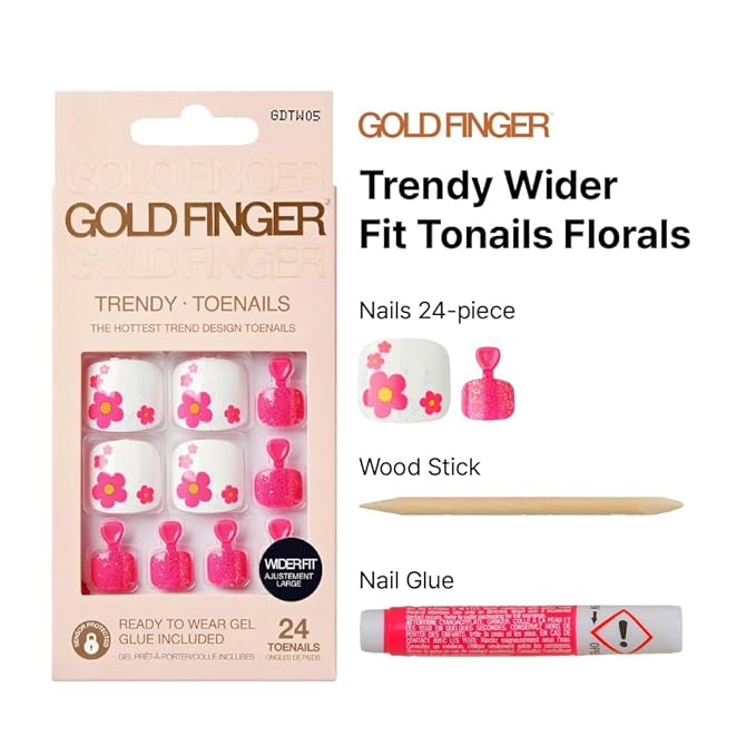 GoldFinger Trendy Press On Fake Toenail Kit Wider Fit, Cute Flower Print & High Pigment Pink Color, Ready to Wear Gel & Manicure Stick, Mini Glue included, Long-Lasting Convenient & Easy to Apply