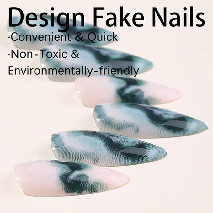 Press On Almond Medium Green False Nails with Gradient Marble Design - Glossy Acrylic Full Cover Glue on Nails - 24 Pcs