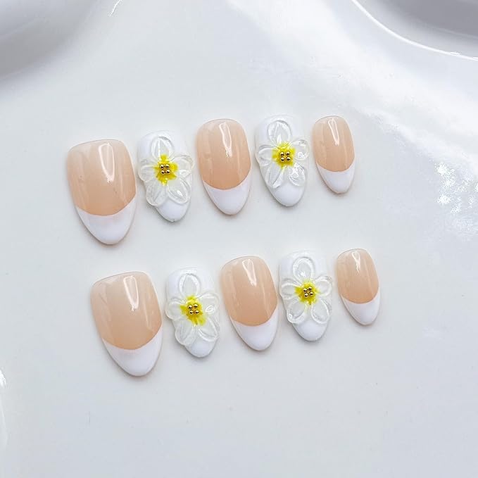 10 Pcs Luxury Handmade Nails with Glue, Almond Press on Nails Short French False Nails with 5D Flower Art Designs Handmade Nail Muti-Layer Gel Thick False Nails for Women(Size S)