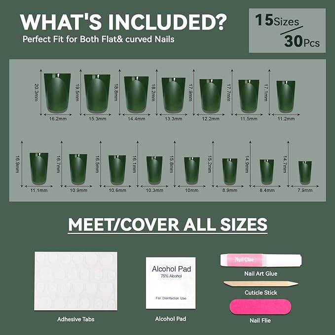 Green French Press on Nails Short Duckbill - Matte Dark Green with Glossy French Tip Fake Nails, Soft Gel Reusable Fall Autumn Acrylic False Stick On Nails for Women Gift, 30PCS 15 Sizes