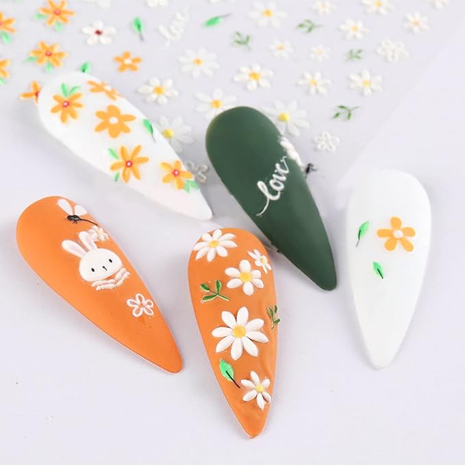TailaiMei Flower Nail Art Stickers, 5D Embossed Colorful Spring Daisy Nail Decals, Self-Adhesive Design for DIY Decoration (3 Sheets)