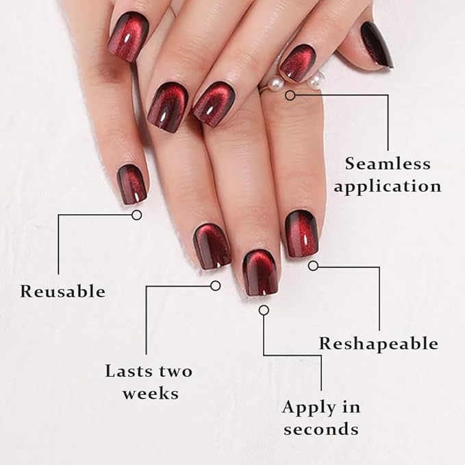 evpct Wine Red Cat Eye Extra Short Press on Nails Square, Petite Short Square Stick on Nails for Women Gift, Black Wine Red Metallic Glitter Glossy Reusable Gel Press on Acrylic Fake Nail with Designs