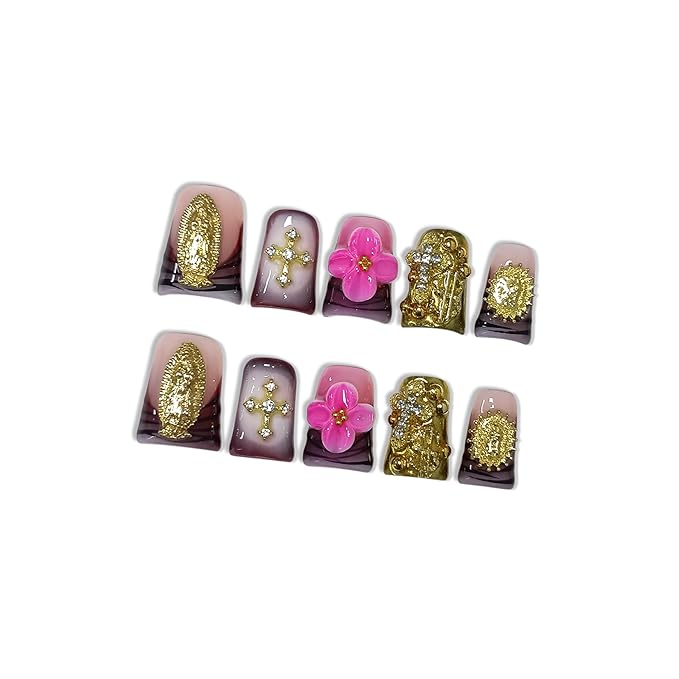 10pcs Brown French Tips Press On Nails Light Luxury, Short Duckbill Nails with Vintage Metal Decor & 3D Embossed Flowers, Icy Glossy Finish, Reusable Fake Nails Easy to Apply(Size L)
