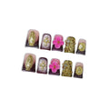 10pcs Brown French Tips Press On Nails Light Luxury, Short Duckbill Nails with Vintage Metal Decor & 3D Embossed Flowers, Icy Glossy Finish, Reusable Fake Nails Easy to Apply(Size M)