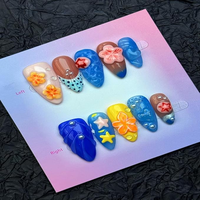 100% Handmade Press on Nails Medium Almond Handmade Nails with Yellow Flower Design Glossy Blue Fake Nails Pearl Rhinestones Nail Press ons Reusable Spring Summer Acrylic Nail for Women Size M 10Pcs