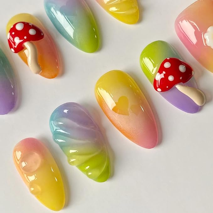 Handmade Press on Nails Short Almond 3D Unique Reusable ABS Material Cute Fake Nails Luxury False Nails with Designs Mushroom Egg Colorful Glossy Glue on Nails Thick Acrylic Nails(M)