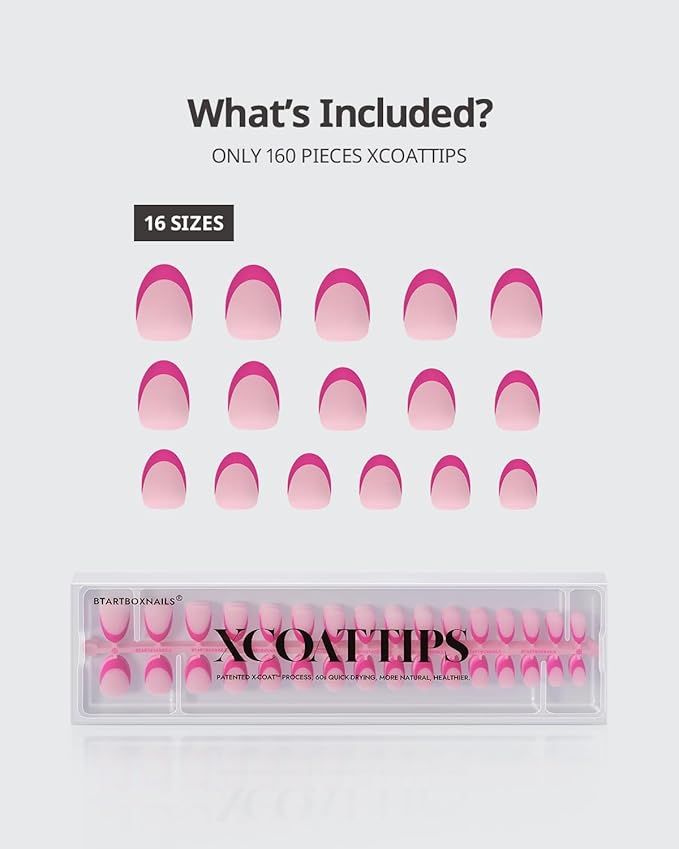 BTArtboxnails XCOATTIPS Pink French Tip Press On Nails - Extra Short Almond Press On Nails, Soft Gel Nail Tips,Soak Off Pink Acrylic Fake Nail Extension in 16 Sizes