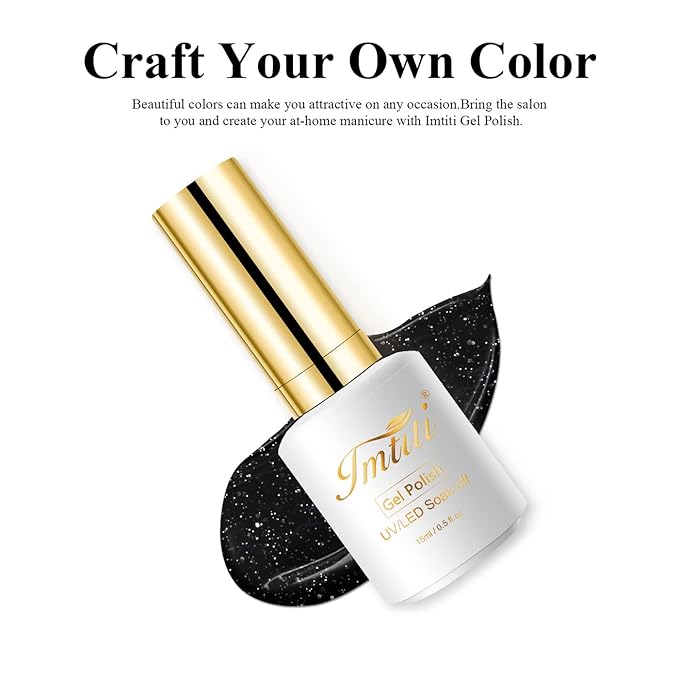 Imtiti 1 Pcs 0.5 Fl Oz Black Glitter Gel Polish Soak Off LED U V Nail Gel Polish DIY Nail Art Starter Manicure Salon Gel Nail Polish Kit for Women Girls