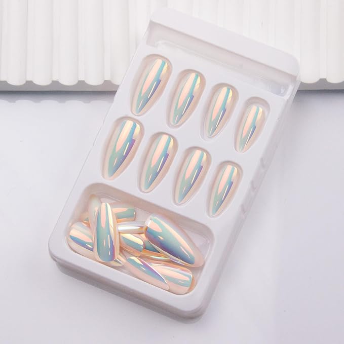 Almond Press on Nails White Chrome Fake Nails Glossy Pearl Powder Acrylic Nails Metal Mirror False Nails Press ons Medium Full Cover Holographic Glue on Nail for Women Girls Manicure 24Pcs