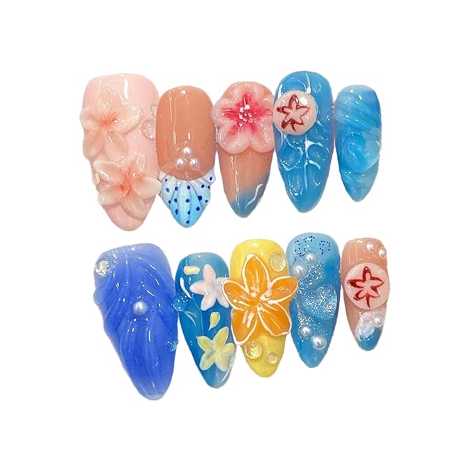 Summer Press on Nails Medium Almond Flower Fake Nails Muti-Layer Gel False Nail with 3D Jellyfish Starfish Design Glitter Handmade Press on Nails Stars Pearl Embossed Acrylic Nail for Women (Size M)