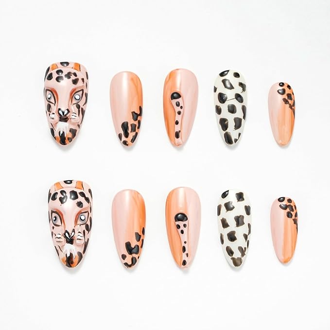 FORBELOVED NAILS,Nude Hand-pained Leopard Handmade Press On Nails,Medium Almond Glue On Nails,Charming 3D Texture Tails False Nails For Women And Girls,10Pcs/Set With Glue,(Nude-M),FOB
