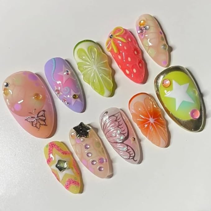 Press On Nails - Handmade Unique Fruit Almond Fake Nails, Thick Acrylic and Muti-Layer Gel False Nails, Reusable Gel Cured Sturdier 3D Fake Nails,DIY Art Decorate with Set (Size S)