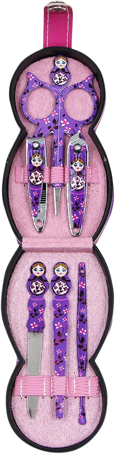 Aibearty Adorable Russian Doll Pattern Stainless Nail Clippers Set of 6Pcs, Professional Grooming Kit, Nail Tools with Luxurious Travel Case