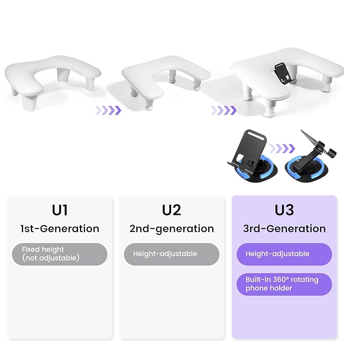 Arm Rest for Nails Tech: 3rd Generation Manicure Nail Arm Rest with Rotating Phone Stand, U-Shaped Height Adjustable Hand Rest Pillow for Acrylic Nails White