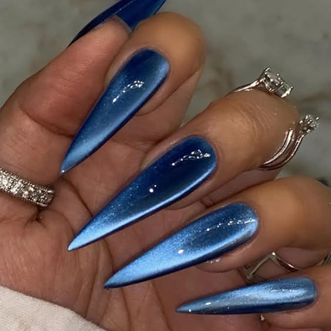 MISUD Press on Nails - Long Stiletto Fake Nails, Acrylic Summer Blue Cat Eye Design 24 pcs