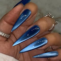 MISUD Press on Nails - Long Stiletto Fake Nails, Acrylic Summer Blue Cat Eye Design 24 pcs