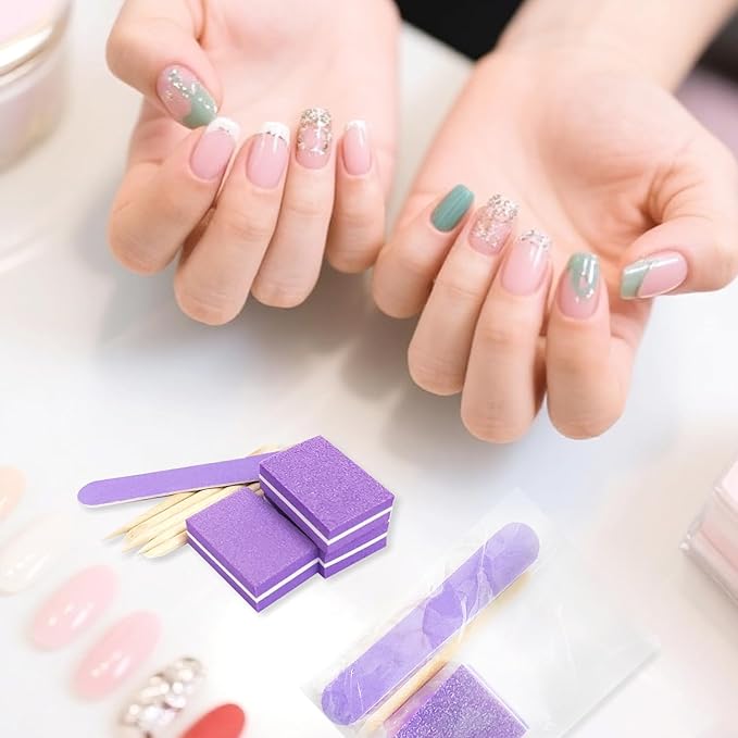 Disposable Manicure kit Individually Package, Mini Nail Buffer, Nail File, Wood Stick, Press on Nail Tool Kit for Salon Home (Purple, Count, 40, 80/100 Grit)
