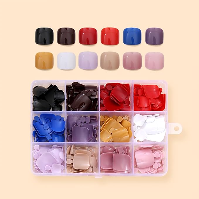 288 Pcs Press On Toenails Short Square Fake Toe Nails Press Ons Set Solid Color False Toenails Full Cover Acrylic Glue on Toe Nails Reusable Glossy Artificial Toenail Kit for Women Manicure 12 Color