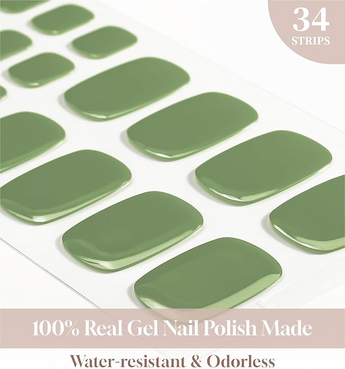 Toe Gel Nail Stickers - 34PCS Salon Quality Wraps no UV Light Needed - Long Lasting Toe Nail Polish Strips for Women (Forest Green)