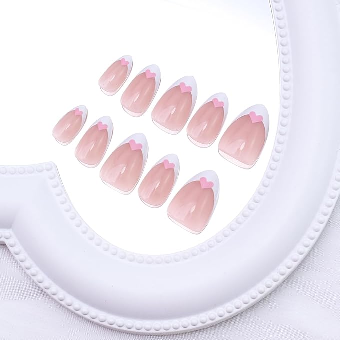 24Pcs White French Tip Press on Nails Short Almond Fake Nails Valentines Press ons Pink Heart Glue on Nails Nude Pink Acrylic Nails French Tip False Nails Valentines Stick on Nail for Wedding Manicure