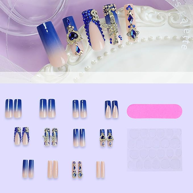 Square Press on Nails Long RTKHFZE Xl Fake Nails Blue French Tip False Nails Ombre Glue on Nail with Designs Nails Charm and Rhinestones Acrylic Stick on Nail for Women Nail Decorations