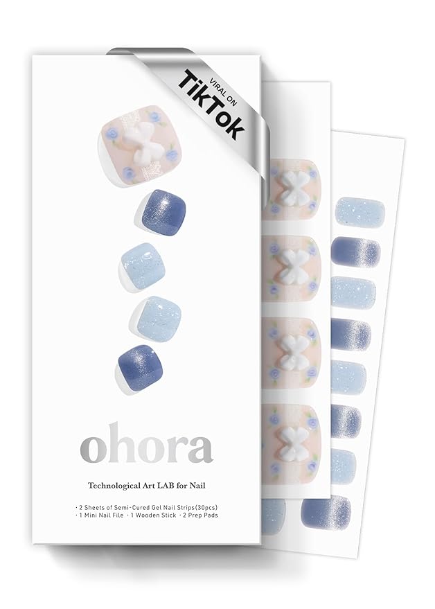 ohora Semi Cured Gel Pedi Strips (P Berry ChouChou) - Works with Any Nail Lamps, Salon-Quality, Long Lasting, Easy to Apply & Remove - Includes 2 Prep Pads, Nail File & Wooden Stick