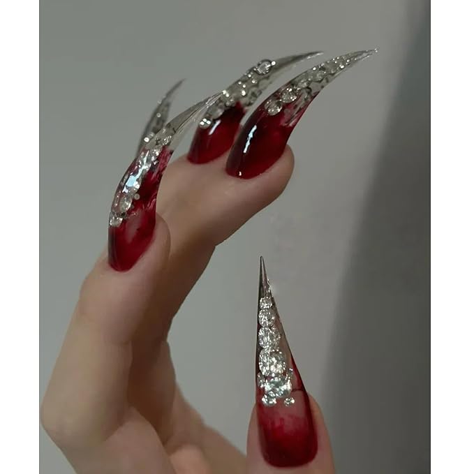 Halloween Press on Claw Nails Long Stiletto Red Diamond Gothic Style Press on Nails Reusable Thick Acrylic Cat Dragon Claw False Nails with Designs Eagle Claw Glossy Glue on Nail