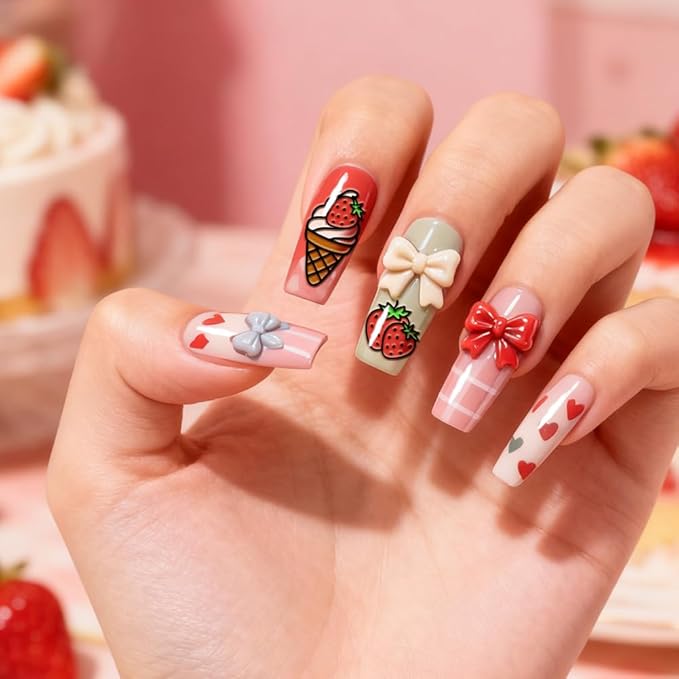 PH PandaHall 3pcs Strawberry Cake Nail Stamping Plate, Sweet Bowknot Nail Art Templates Strawberry Desserts Stainless Steel Image Plate Art Stencils with Tool for DIY Manicures Salon Design