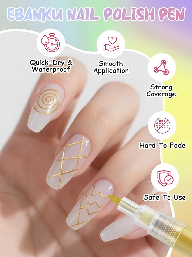 EBANKU Nail Art Pens Quick-Drying, 3D 0.7MM Acrylic Paint Pens Nail Art Markers Nail Polish Pen Nail Point Dotting Liner Pen Tools for Home & Salon Nail DIY(Gold)