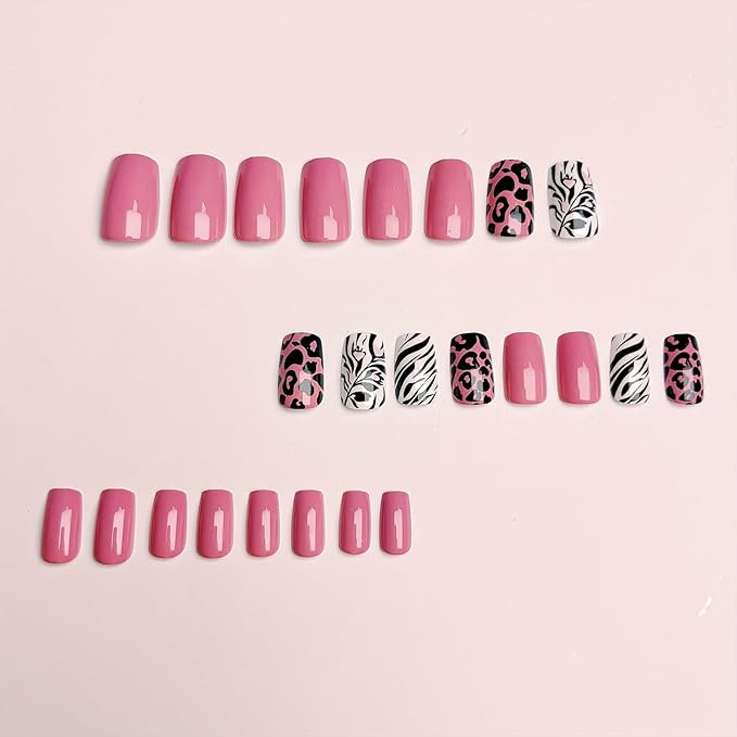 Leopard Press on Nails Medium Square Fake Nails with Designs Zebra Stripes Stick on Nail Pink Acrylic False Nail Glossy Artificial Nail Full Cover Glue on Nails for Women