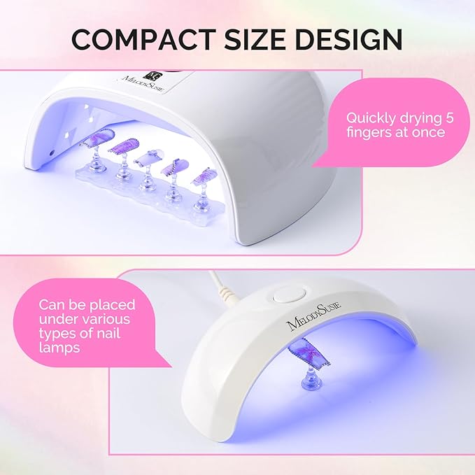 MelodySusie Nail Stand for Press Ons, White Shiny Acrylic Magnetic Base for Painting Display with Brush Holder and 100 Pcs Reusable Double-Sided Tape for Home DIY Salon Supplies