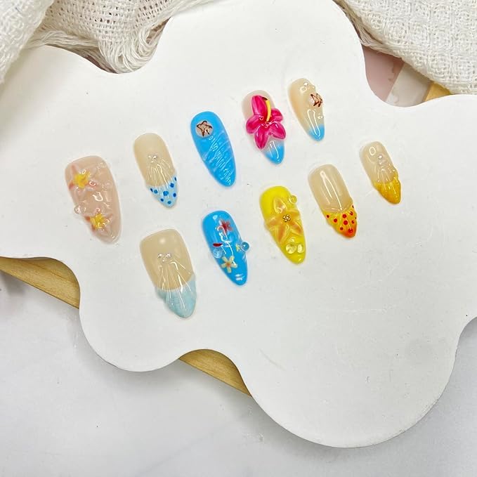 Handmade Press on Nails Summer Shell Press on Nails Medium Almond Fake Nails Flower French False Nails Starfish for Girls Manicure Art Decoration Accessories (Size S)