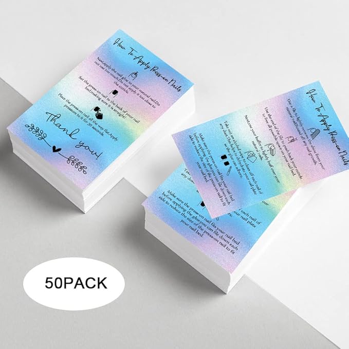 Press-On Nail Application Instructions Cards, Aftercare Instructions Cards, 50 Pack 2 x 3.5'' inch Business Card Size, DIY Press-On Nail Kit, White (0406038)