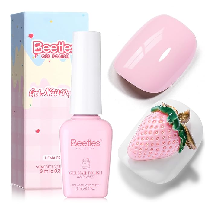 Beetles Pink Gel Polish - Strawberry Milk, Light Pink Gel Nail Polish for Pastel Nails, Same Color Same Bottle, Spring Nails Art Salon Long Lasting Soak Off UV LED Nails Lamp Gifts for Her