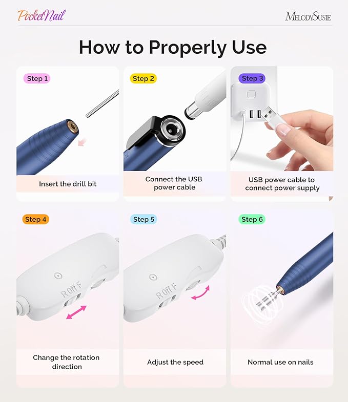 MelodySusie PocketNail Slim Ergonomic Pen-Shaped USB Nail Drill, PC100G 20000RPM Portable Electric File for All Manicure, Pedicure Nail Care, Shaping & Gel Removal at Home for Beginners