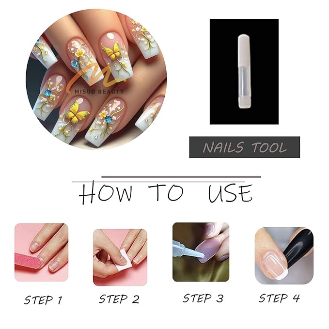 MISUD Press on Nails - Long Square Fake Nails with Nude Ombre, Acrylic Butterfly Design 24 pcs