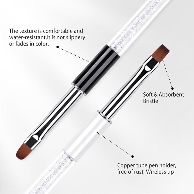 Professional 2Pcs Oval & Flat Nail Brush Set with Rhinestone Handle,Premium Nail Art Brushes for Builder Gel,French Tip Design,and Acrylic Nails (Salon & DIY Use)