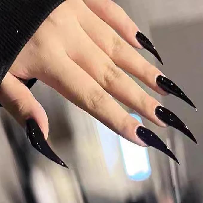 Luxury Press on Nails Medium Curved Stiletto Handmade Eagle Claw Unique Reusable ABS Material Fake Nails Dragon Cat Claw False Nails with Designs Black Glossy Glue on Nail Thick Acrylic Nail(M)