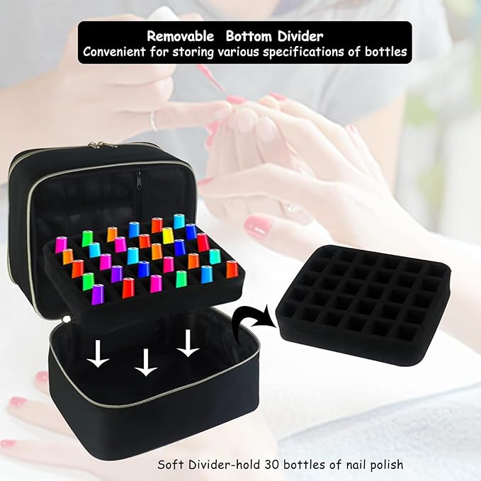Meichoon Organizer Tools 2 Layers Storage Holder Case with Adjustable Bottle Compartment 30 Bottles of Gel lamp and Manicure Tools Large Makeup Bag Travel Black