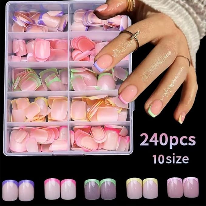 240Pcs French Tip Press On Nails Short Square Fake Nails Press Ons Set Full Cover Acrylic Glue on Nails Reusable Glossy Artificial Nail Kit False Nails for Women Girls Manicure 12 Color