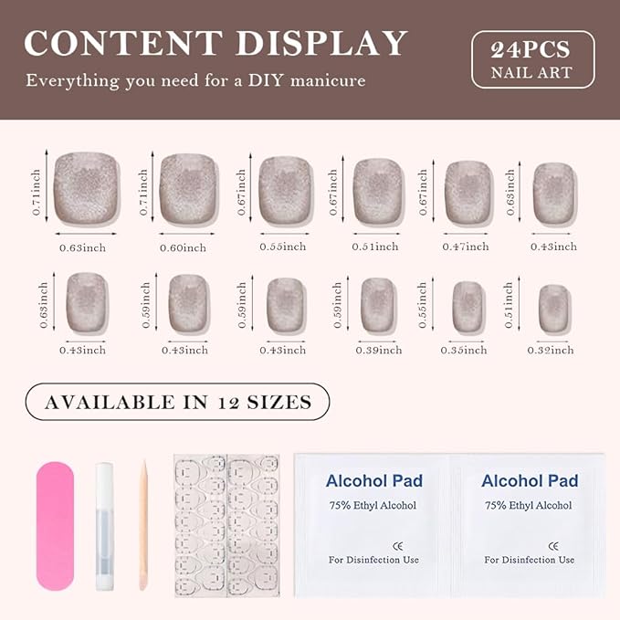 evpct Nude Cat Eye Extra Short Press on Nails Square, Petite Short Square Stick on Nails for Women Gift, Champagne Metallic Glitter Glossy Reusable Soft Gel Press on Acrylic Fake Nail with Designs