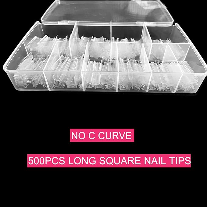 Clear Acrylic Square Nail Tips, SWETIDY 500pcs No C Curve XL Long Square Shaped Straight Fake Nails Flattened Half Cover Artificial Nails with Box for Nail Salon Professional and DIY Nail Art 10 Sizes