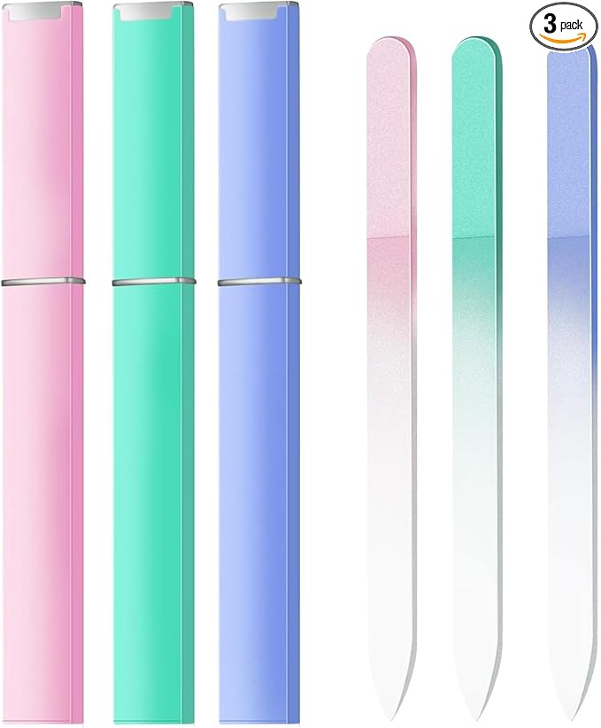 3 Pack Glass Nail Files for Natural Nail Professional Crystal Fingernail Files Double-Sided Etched Gentle Nail Care for Women Adults Pink,Green,Blue