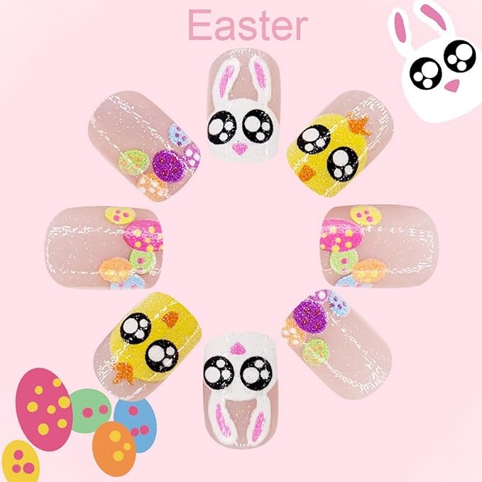 24 Pcs Easter Square Press on Nails Easter Egg Fake Nails Short False Nails with Cute Bunny Chick Designs Glitter Full Cover Stick on Nails Easter Day Eggs Acrylic Nails for Women Nail Art Manicure