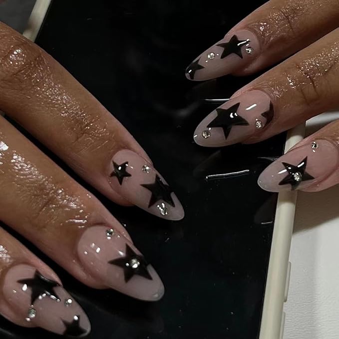 Press on Nails Almond - Medium Fake Nails with Black Star Design - Rhinestone, Nude False Nails Press ons - for Women 24 Pcs
