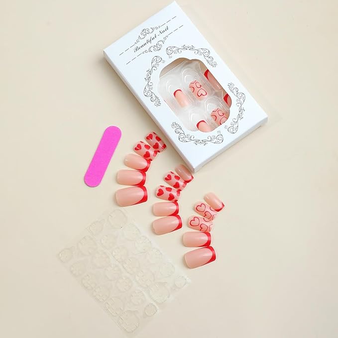 Red French Tip Press on Nails - Medium Square Fake Nails - Red Heart False Nails Press ons - for Women 24 Pcs