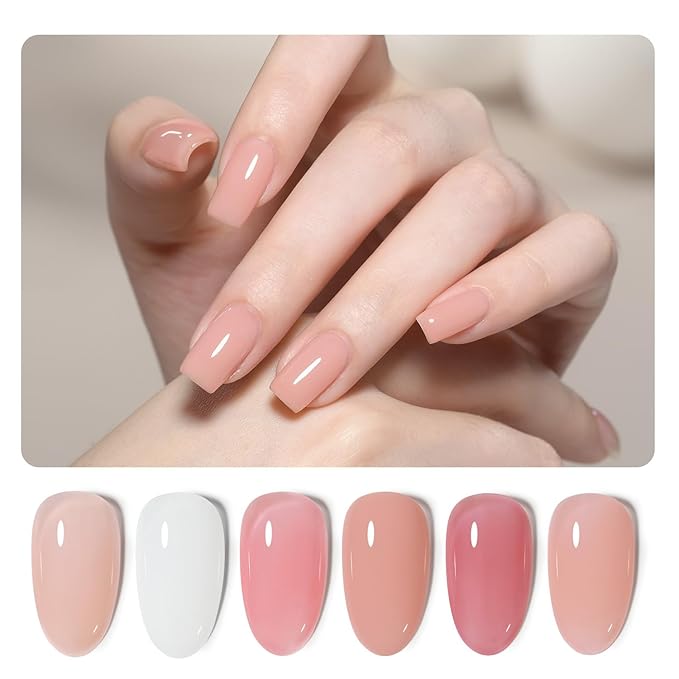 GAOY 6 Colors Rubber Base Gel Set, Jelly Builder Base Nail Gel Nude Sheer White Pink, 2-in-1 Soak Off Nail Strengthener, Blush Jelly