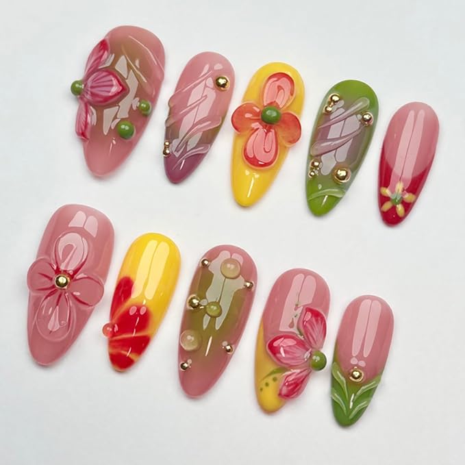 Luxury Press on Nails Medium Almond Handmade 3D Unique Reusable ABS Material Fake Nails French Tip False Nails with Designs Flower Water Drop Art Petal Glossy Glue on Nails Thick Acrylic Nails(S)