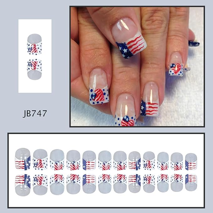 24Pcs Independence Day Press on Nails, Short Square, French Tip, USA Heart Flags Design, White Glitter, Reusable Stick on Nails for Women